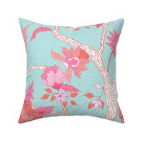 Peony Branch Mural- Pink and Orange on Aqua