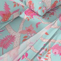 Peony Branch Mural- Pink and Orange on Aqua