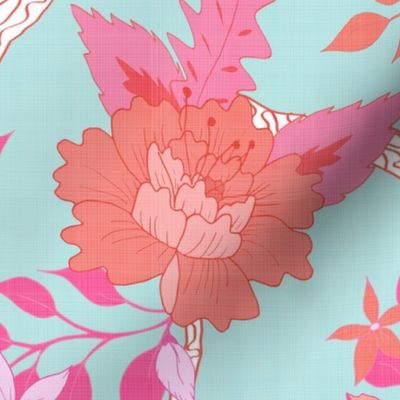 Peony Branch Mural- Pink and Orange on Aqua