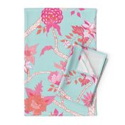 Peony Branch Mural- Pink and Orange on Aqua