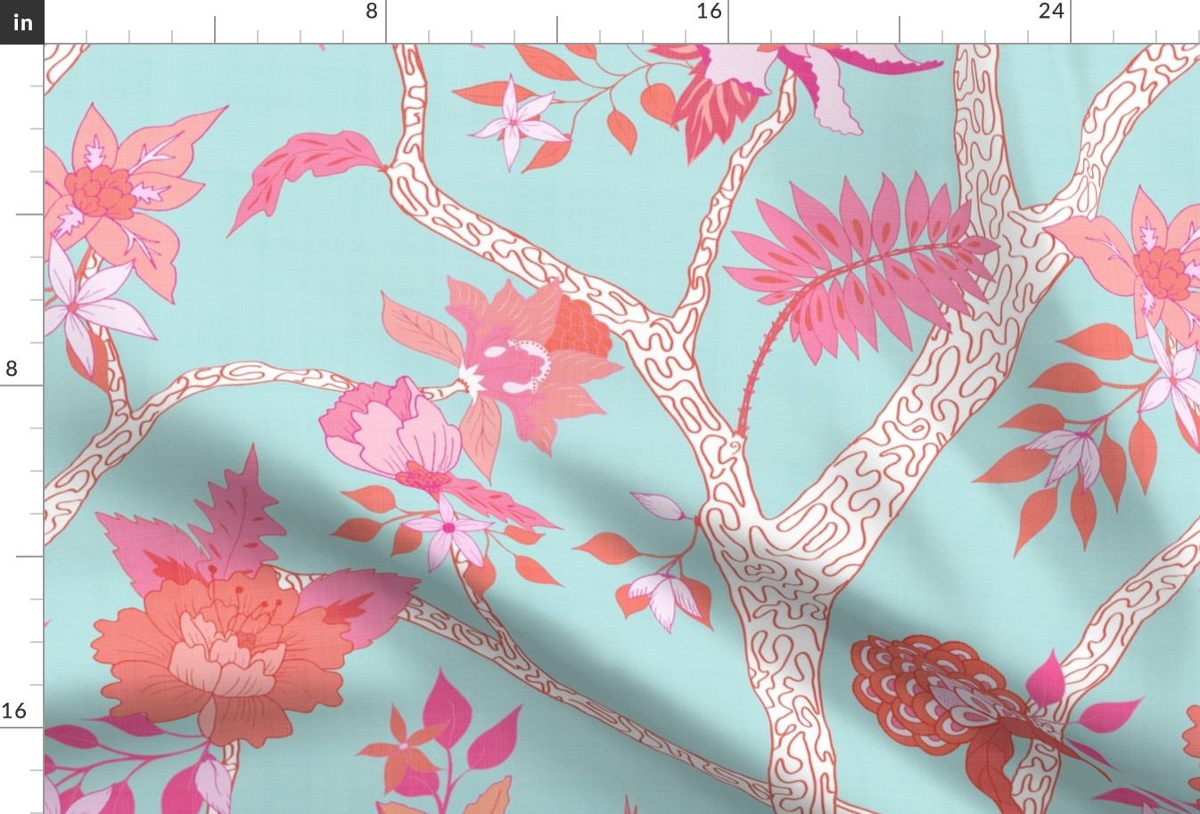 Peony Branch Mural- Pink and Orange on Aqua