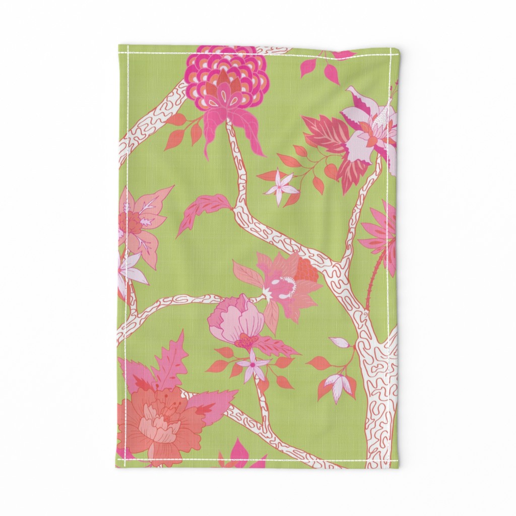 Peony Branch Mural- Pink & Orange on Citron