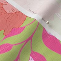 Peony Branch Mural- Pink & Orange on Citron