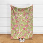 Peony Branch Mural- Pink & Orange on Citron