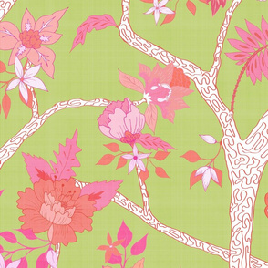 Peony Branch Mural- Pink & Orange on Citron