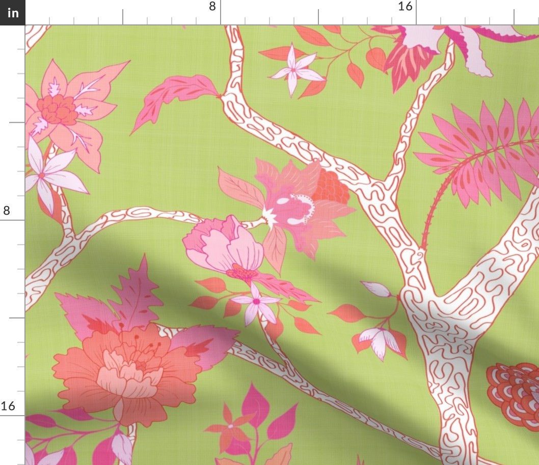 Peony Branch Mural- Pink & Orange on Citron