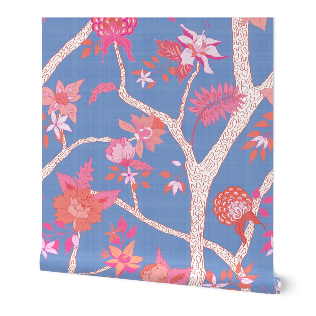 Peony Branch Mural- Pink and Orange on Cornflower