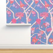 Peony Branch Mural- Pink and Orange on Cornflower