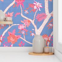 Peony Branch Mural- Pink and Orange on Cornflower