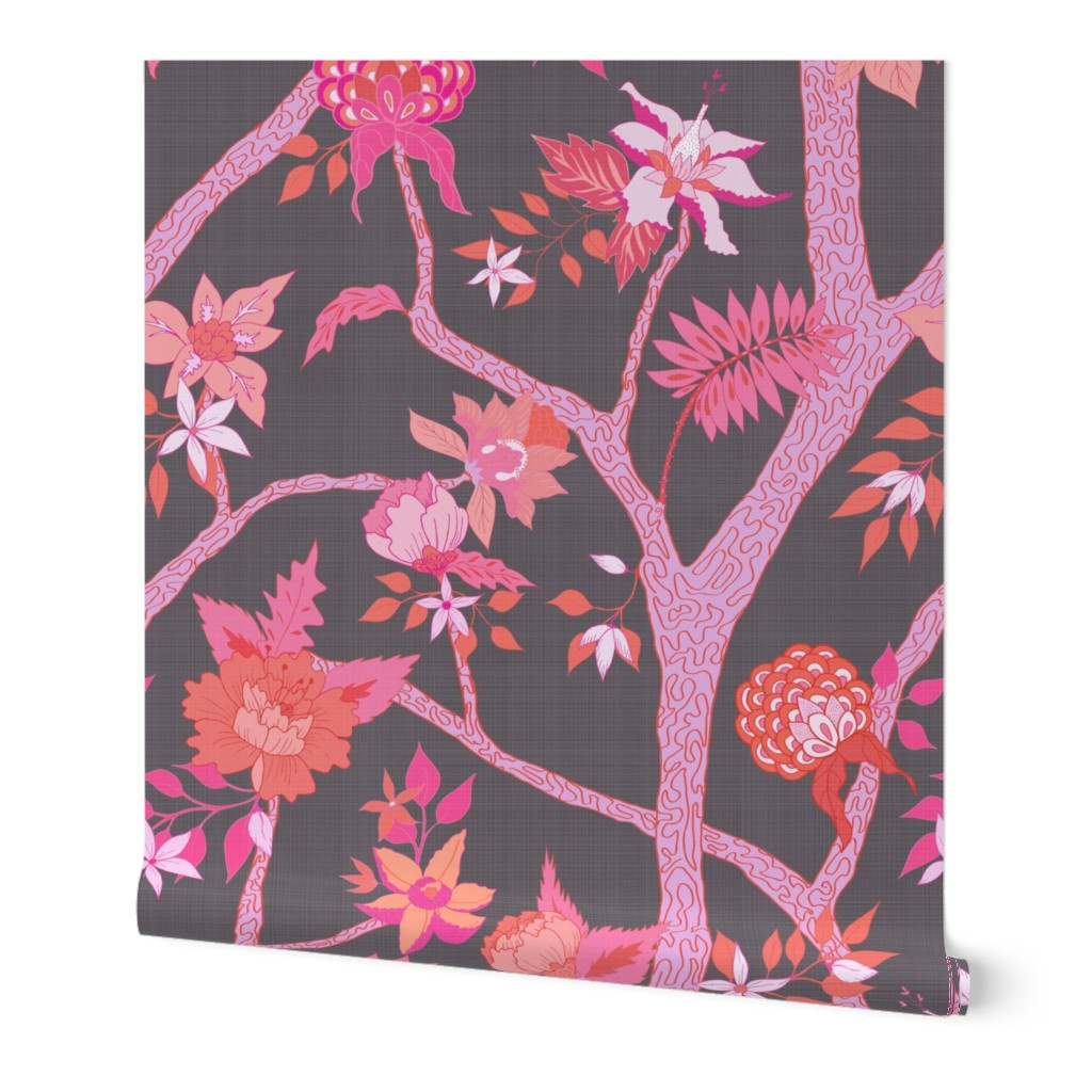 Peony Branch Mural- charcoal with pink/orange