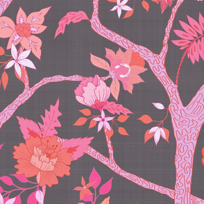 Peony Branch Mural- charcoal with pink/orange