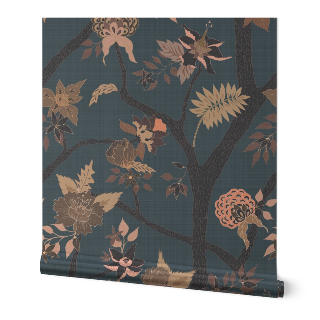 Peony Branch Mural-black, brown and blue