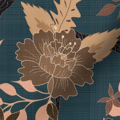 Peony Branch Mural-black, brown and blue