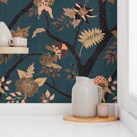 Peony Branch Mural-black, brown and blue