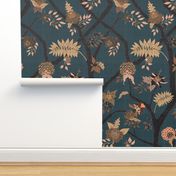 Peony Branch Mural-black, brown and blue