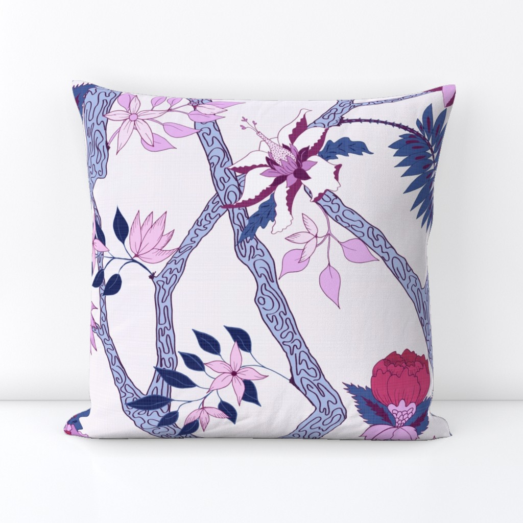 Peony Branch Mural Navy, Plum and Red