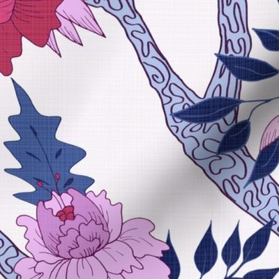 Peony Branch Mural Navy, Plum and Red