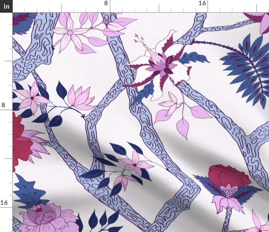 Peony Branch Mural Navy, Plum and Red