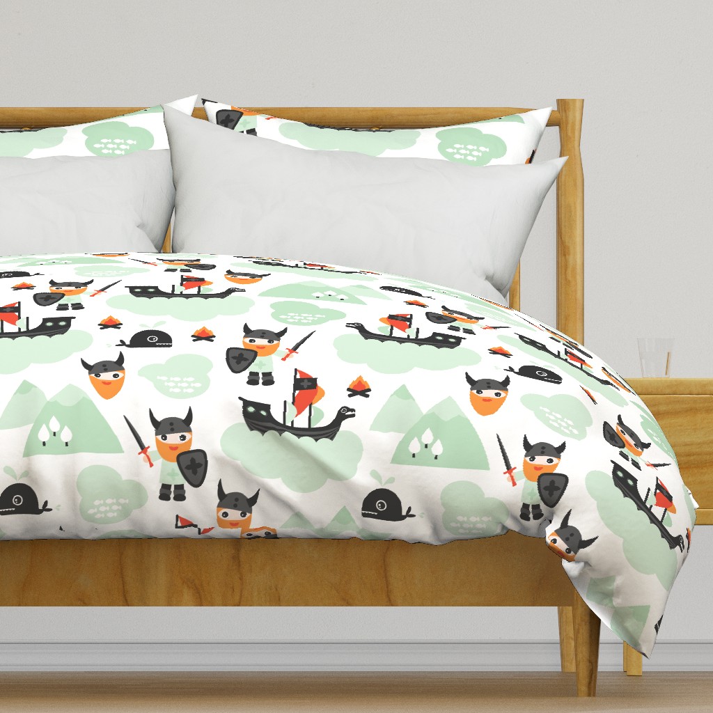 Large Cute kids historical hero theme viking battle ship whale and scandinavian woodland in mint and orange boys bedding and wallpaper Jumbo