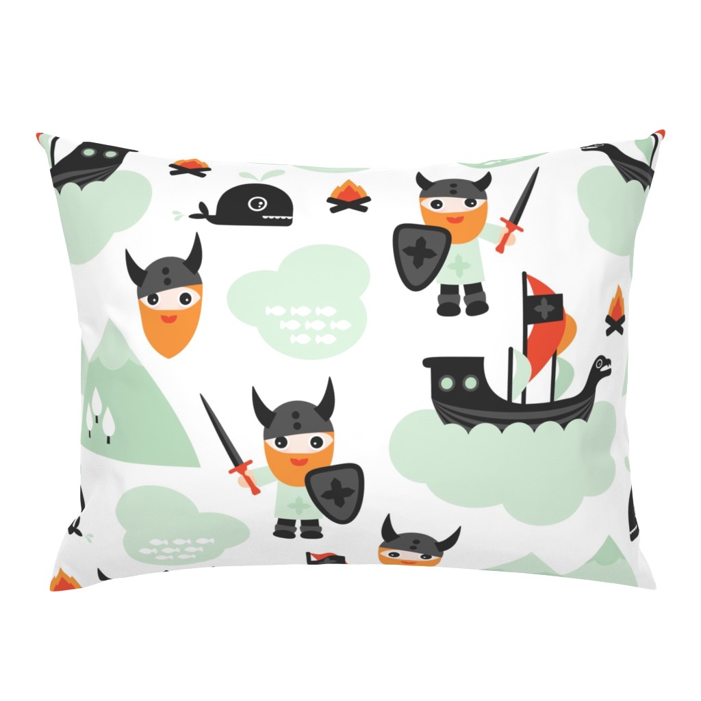 Large Cute kids historical hero theme viking battle ship whale and scandinavian woodland in mint and orange boys bedding and wallpaper Jumbo