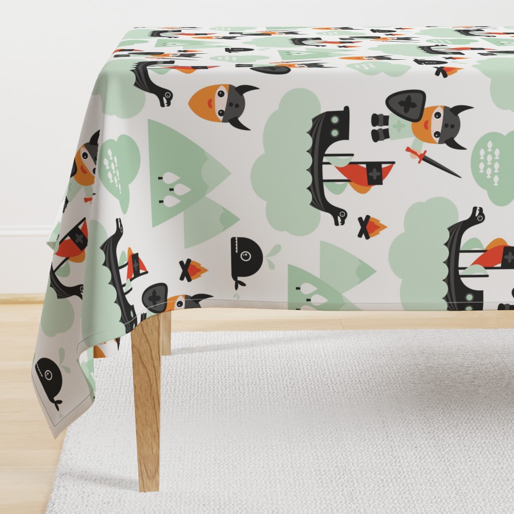 Large Cute kids historical hero theme viking battle ship whale and scandinavian woodland in mint and orange boys bedding and wallpaper Jumbo