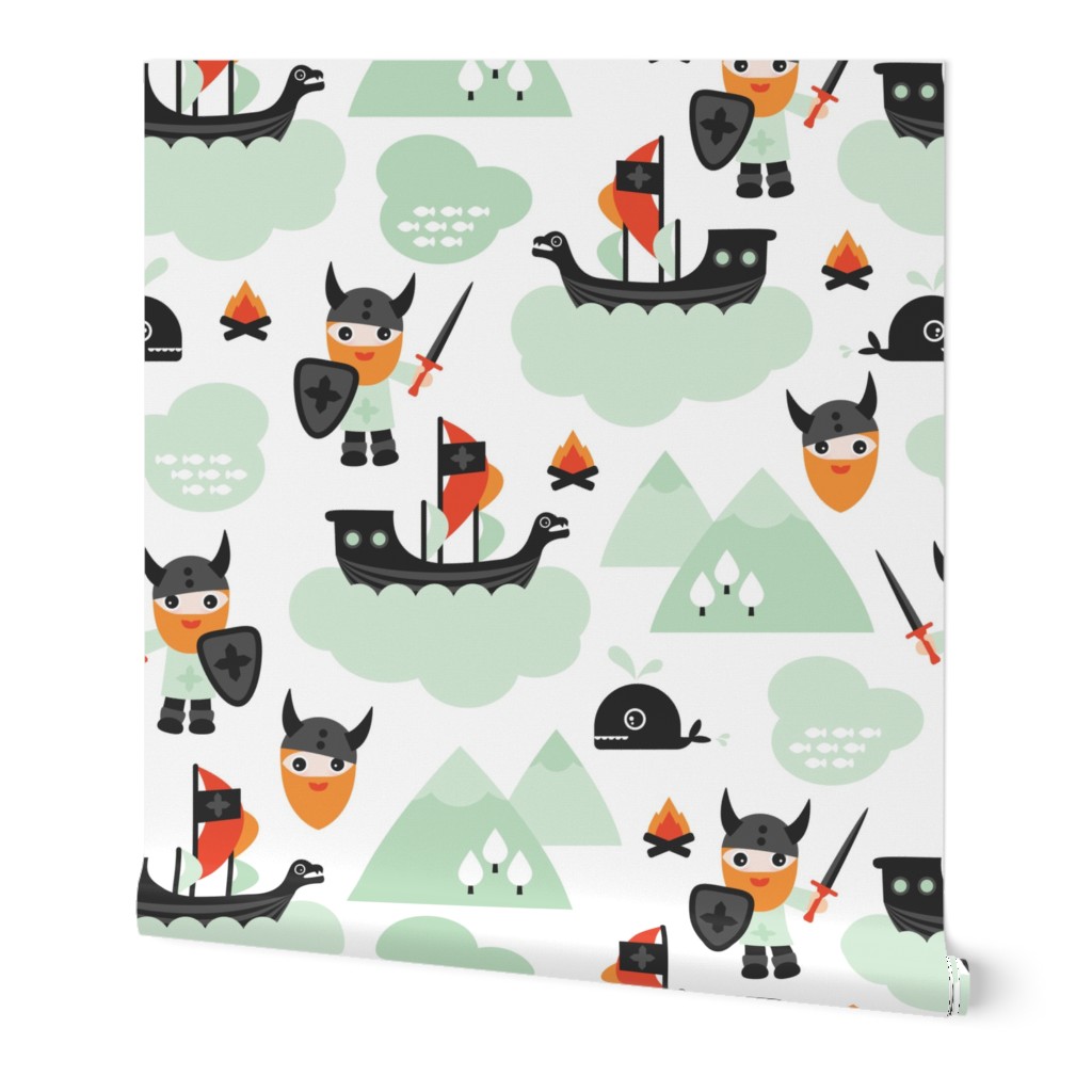 Large Cute kids historical hero theme viking battle ship whale and scandinavian woodland in mint and orange boys bedding and wallpaper Jumbo