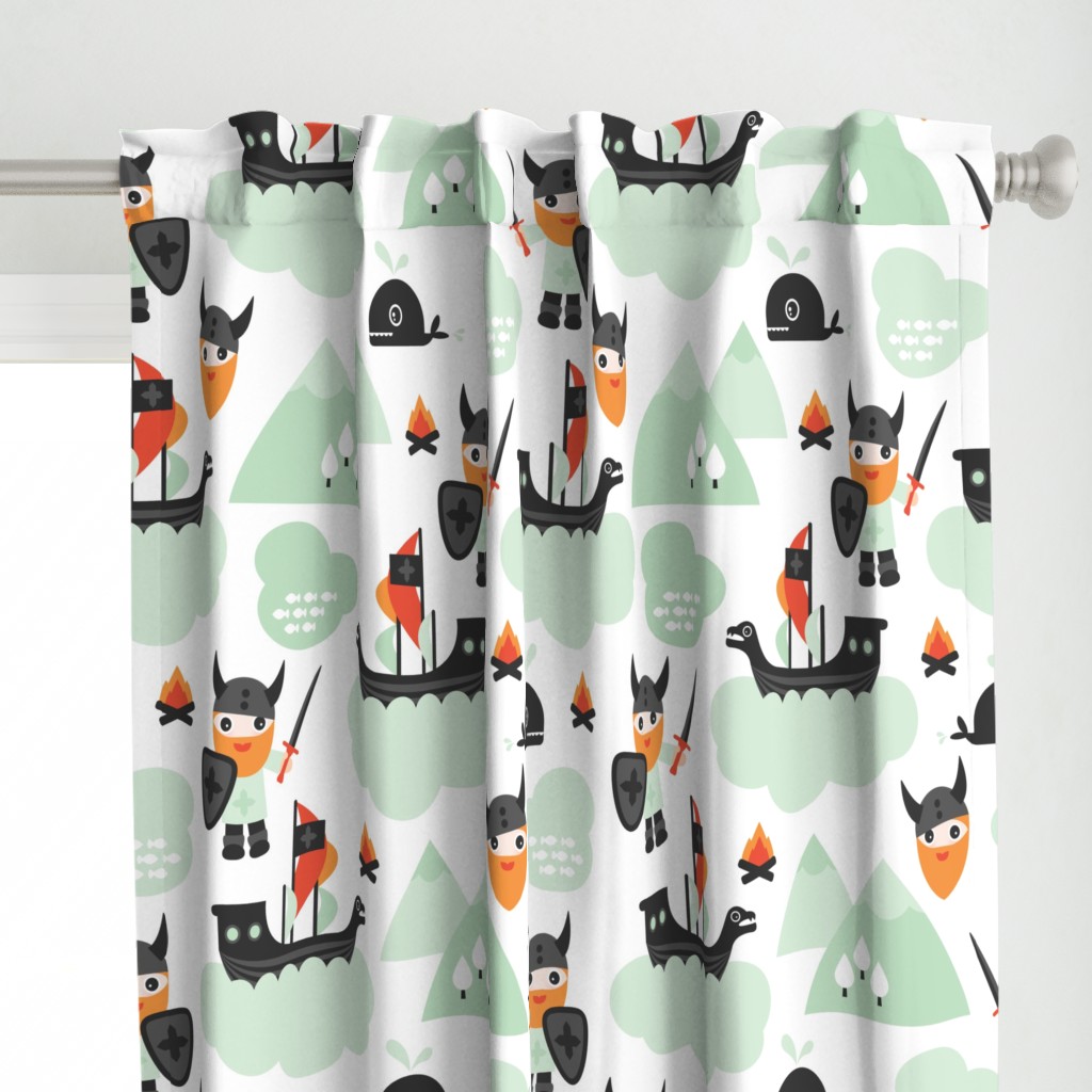 Large Cute kids historical hero theme viking battle ship whale and scandinavian woodland in mint and orange boys bedding and wallpaper Jumbo