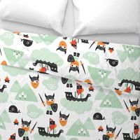 Large Cute kids historical hero theme viking battle ship whale and scandinavian woodland in mint and orange boys bedding and wallpaper Jumbo