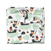 Large Cute kids historical hero theme viking battle ship whale and scandinavian woodland in mint and orange boys bedding and wallpaper Jumbo