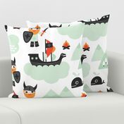 Large Cute kids historical hero theme viking battle ship whale and scandinavian woodland in mint and orange boys bedding and wallpaper Jumbo