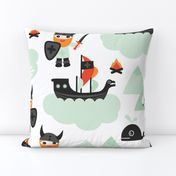 Large Cute kids historical hero theme viking battle ship whale and scandinavian woodland in mint and orange boys bedding and wallpaper Jumbo