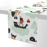 Large Cute kids historical hero theme viking battle ship whale and scandinavian woodland in mint and orange boys bedding and wallpaper Jumbo