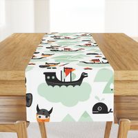 Large Cute kids historical hero theme viking battle ship whale and scandinavian woodland in mint and orange boys bedding and wallpaper Jumbo