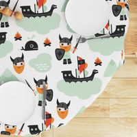 Large Cute kids historical hero theme viking battle ship whale and scandinavian woodland in mint and orange boys bedding and wallpaper Jumbo