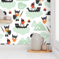 Large Cute kids historical hero theme viking battle ship whale and scandinavian woodland in mint and orange boys bedding and wallpaper Jumbo