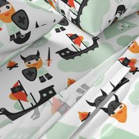 Large Cute kids historical hero theme viking battle ship whale and scandinavian woodland in mint and orange boys bedding and wallpaper Jumbo