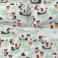 Large Cute kids historical hero theme viking battle ship whale and scandinavian woodland in mint and orange boys bedding and wallpaper Jumbo