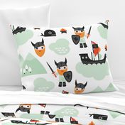 Large Cute kids historical hero theme viking battle ship whale and scandinavian woodland in mint and orange boys bedding and wallpaper Jumbo