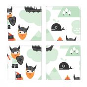 Large Cute kids historical hero theme viking battle ship whale and scandinavian woodland in mint and orange boys bedding and wallpaper Jumbo