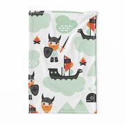 Large Cute kids historical hero theme viking battle ship whale and scandinavian woodland in mint and orange boys bedding and wallpaper Jumbo