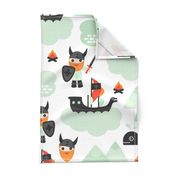 Large Cute kids historical hero theme viking battle ship whale and scandinavian woodland in mint and orange boys bedding and wallpaper Jumbo