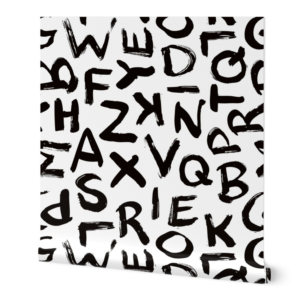 Large Raw monochrome brush strokes abc alphabet scandinavian abstract style black and white bedding wallpaper Jumbo