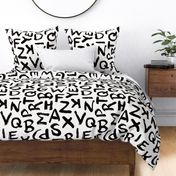 Large Raw monochrome brush strokes abc alphabet scandinavian abstract style black and white bedding wallpaper Jumbo