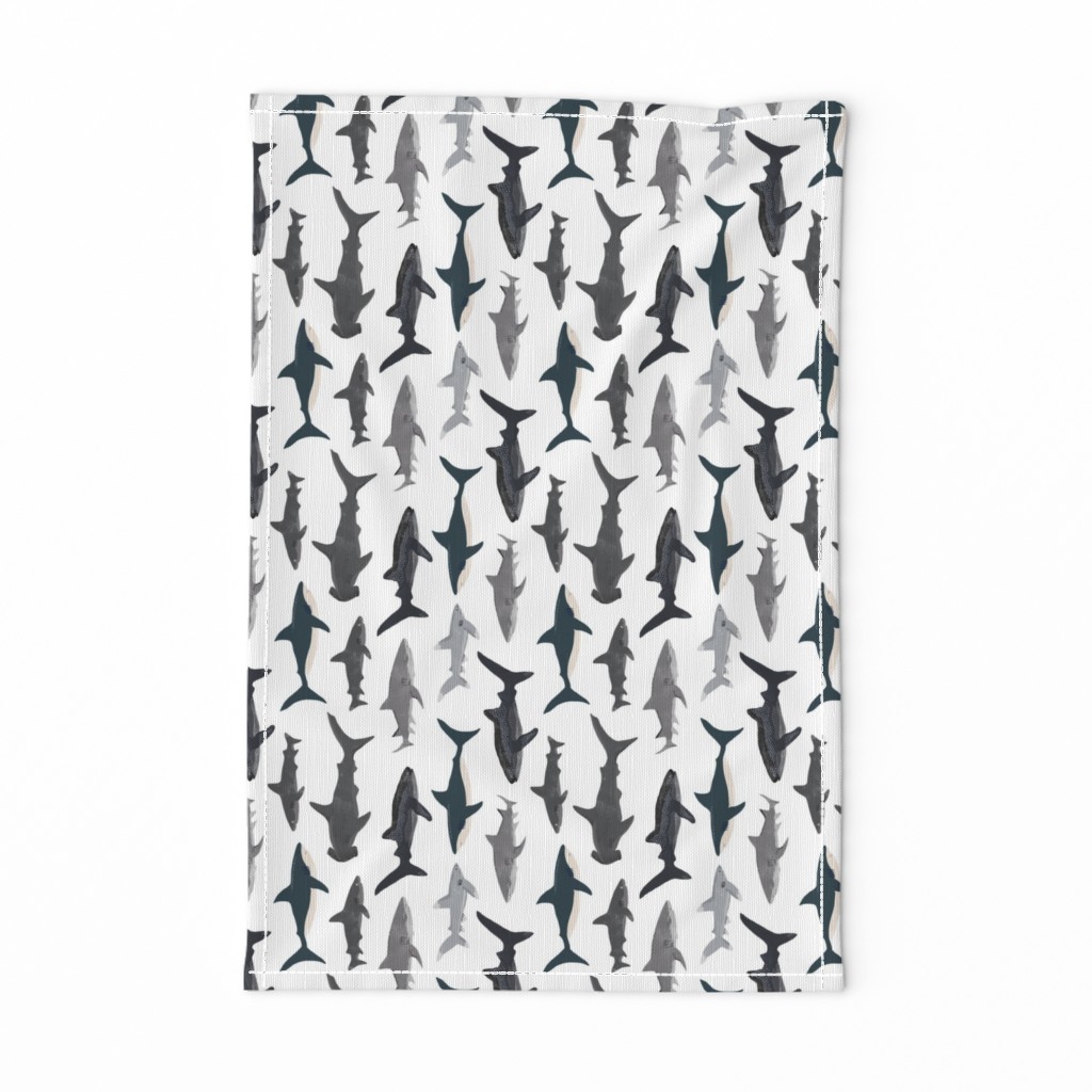 shark // sharks nautical boys white background kids ocean sea tiger shark hammerhead shark fabric - railroad