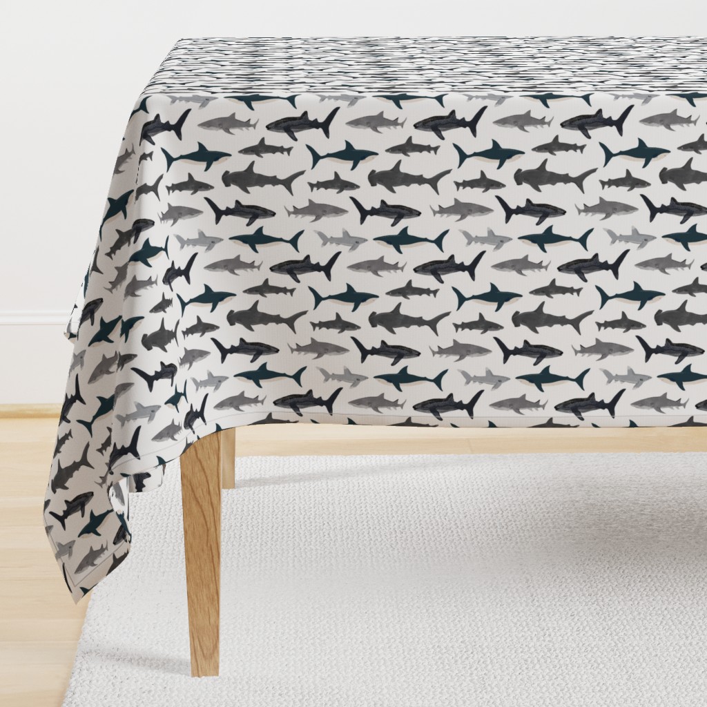 shark // sharks nautical boys white background kids ocean sea tiger shark hammerhead shark fabric - railroad