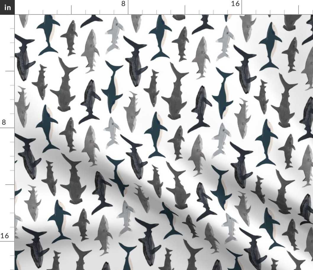 shark // sharks nautical boys white background kids ocean sea tiger shark hammerhead shark fabric - railroad