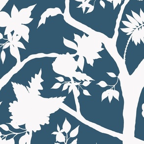 Silhouette Peony Branch Mural- Dark Blue