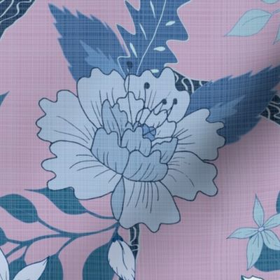 Peony Branch Mural- Lilac and Blues