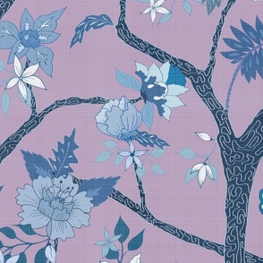 Peony Branch Mural- Lilac and Blues