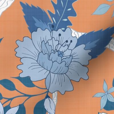 peony Branch Blue and White on Orange